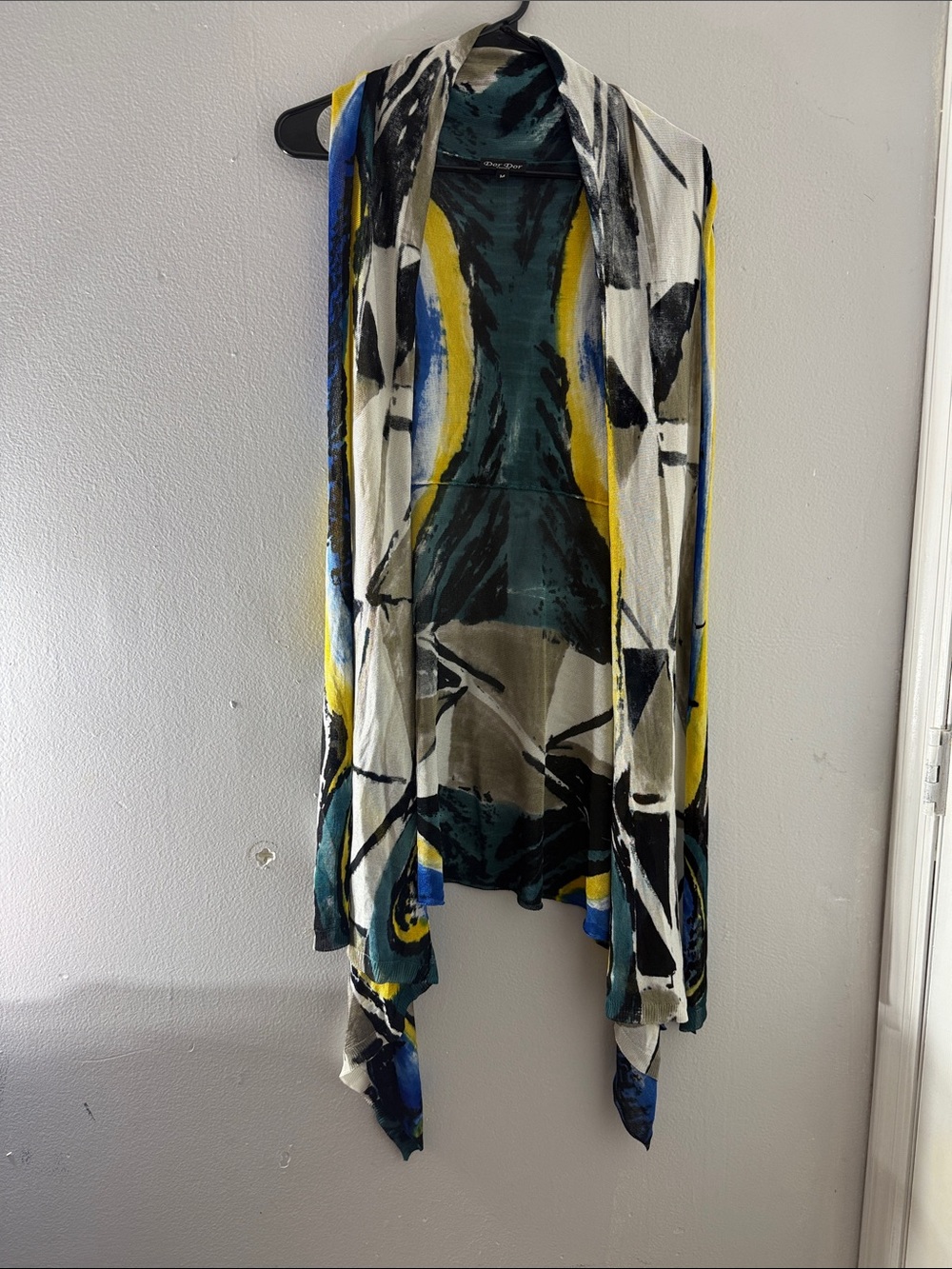 Dor dorAbstract Print Draped Cardigan in Teal, Yellow, Black & White size M